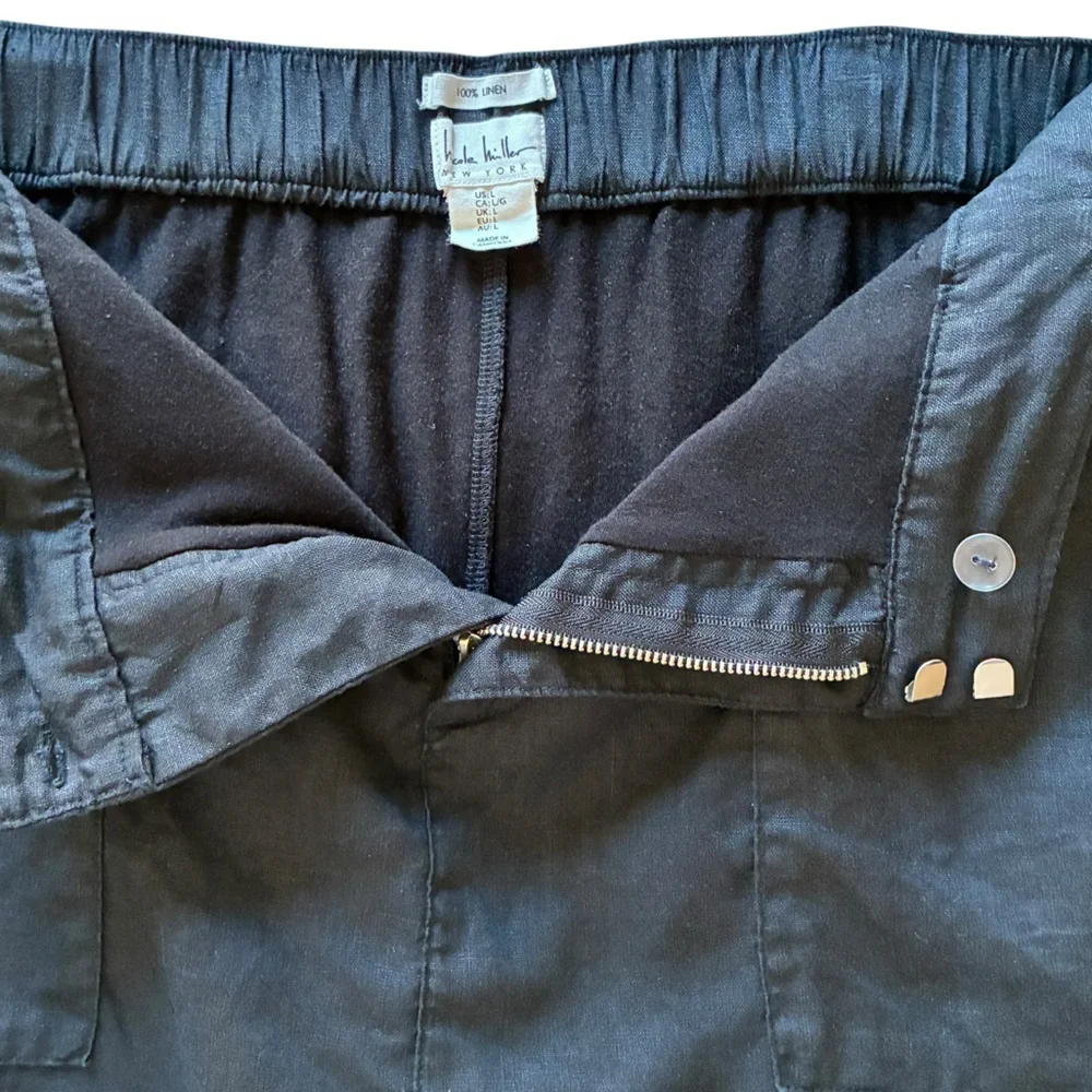 Nicole Miller Black 100% Linen Mini Skirt Patch Pockets Elastic Waist XS Summer